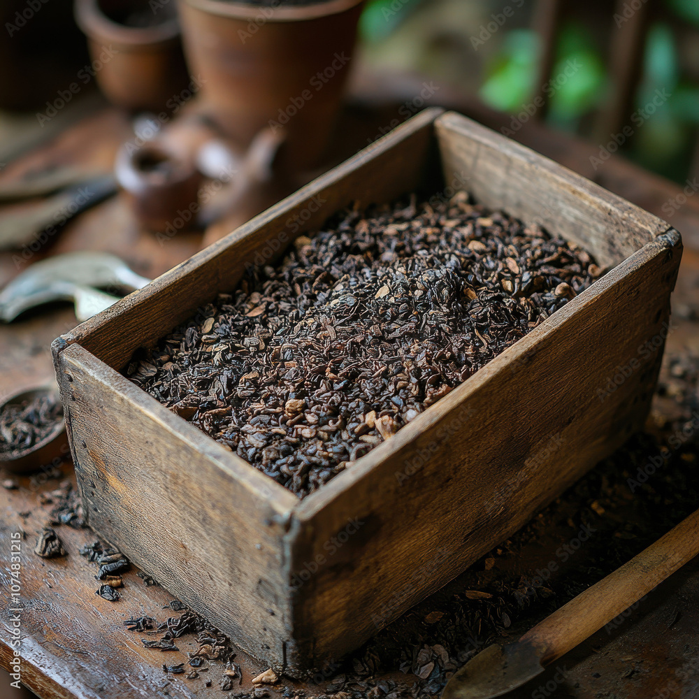 Used tea compost in a rustic wooden bowl for gardening Used tea compost in a rustic wooden bowl for gardening