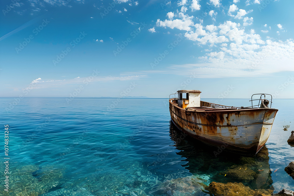 panoramic shot of rusty ship in blue water of mediterranean sea panoramic shot of rusty ship in blue water of mediterranean sea