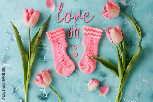 Top view of pink baby socks, greeting card with love mom lettering and tulip on blue surface