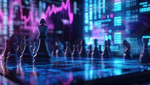Wallpaper Mural Futuristic Chess Board with Glowing Digital Chess Pieces and Holographic Queen, Blue and Purple Light Effects, Data Charts, and Stock Market Graphs Torontodigital.ca