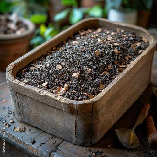 Used tea compost in a rustic wooden bowl for gardening photo