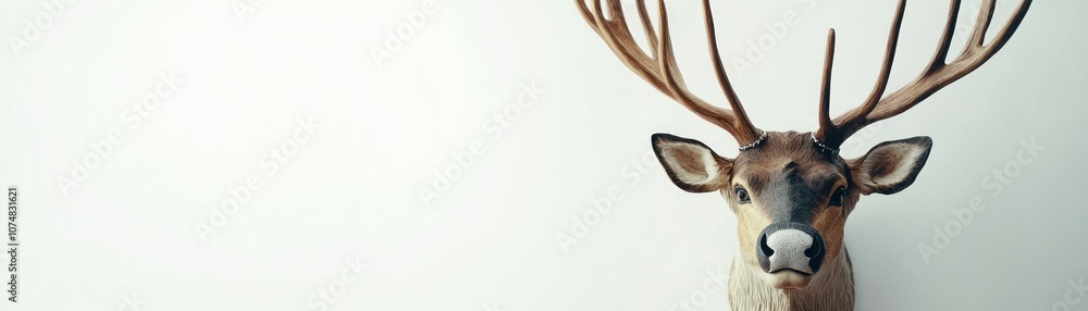 A close-up of a deer head with prominent antlers against a neutral background. A close-up of a deer head with prominent antlers against a neutral background.