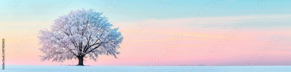 Frost-covered tree silhouetted against a pastel-hued sky at dawn background with empty space for text