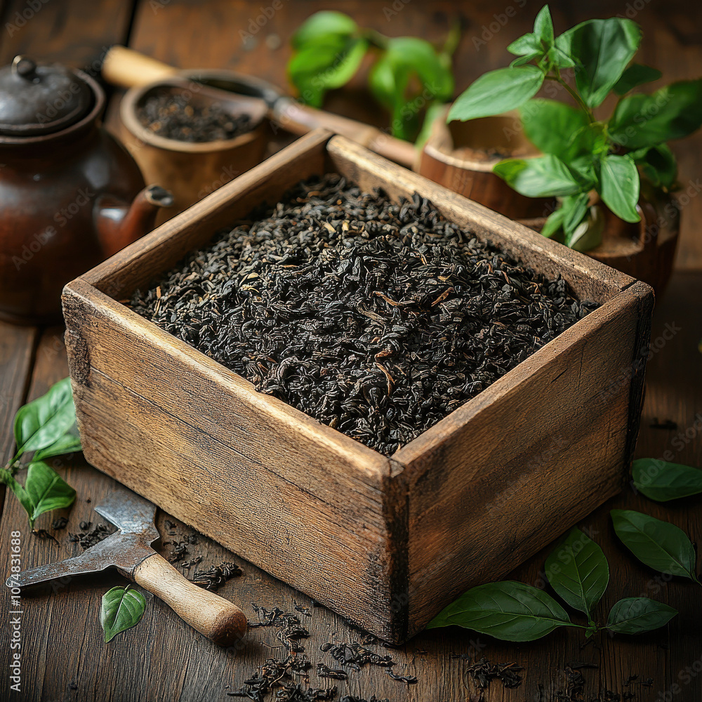 Used tea compost in a rustic wooden bowl for gardening Used tea compost in a rustic wooden bowl for gardening
