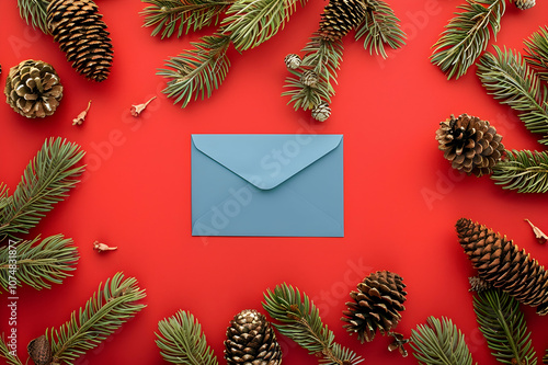 top view of cones, spruce branches and blue envelope on red background photo