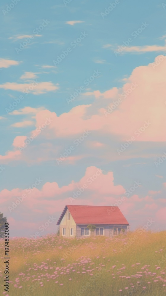 Aesthetic one house in meadow and large pink blue sky landscape wallpaper architecture grassland building. Aesthetic one house in meadow and large pink blue sky landscape wallpaper architecture grassland building.