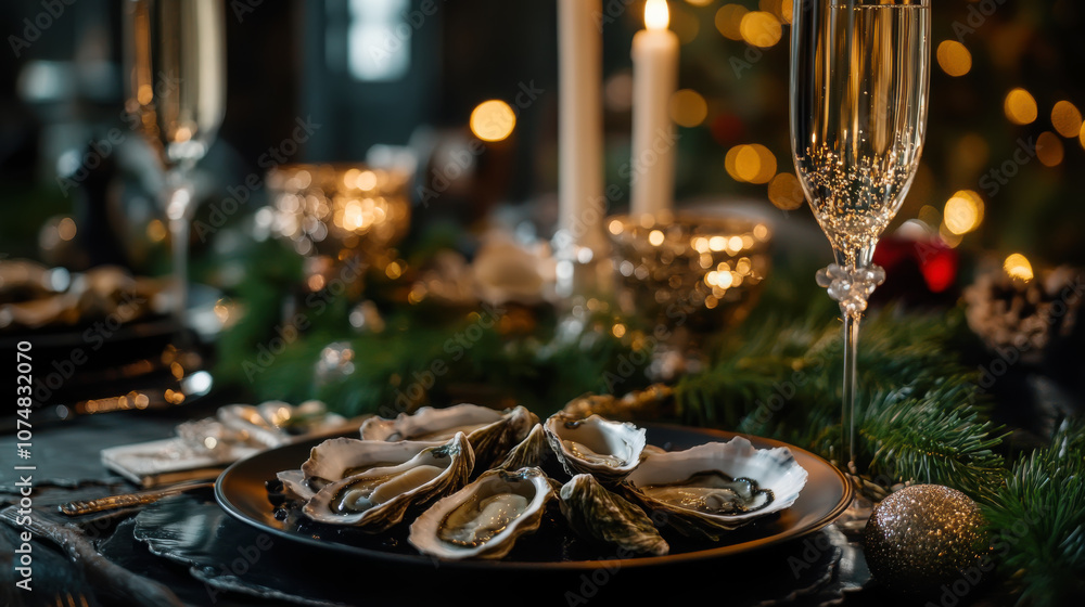 Elegant new year celebration table with oysters and champagne for festive dining ambiance Elegant new year celebration table with oysters and champagne for festive dining ambiance