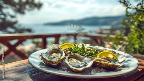 A Culinary Delight: Grilled Oysters Served with Fresh Herbs and Lemon on a Rustic Wooden Table Overlooking the Serene Coastal View