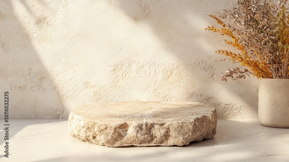 Natural stone pedestal with dried flowers in a minimalistic setting, soft light casting shadows. Natural stone pedestal with dried flowers in a minimalistic setting, soft light casting shadows.