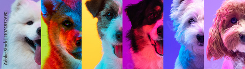 Photography Neon-lit collage of dogs standing confidently, colorful lighting and soft hues reflecting their playful characters in contemporary and creative fashion