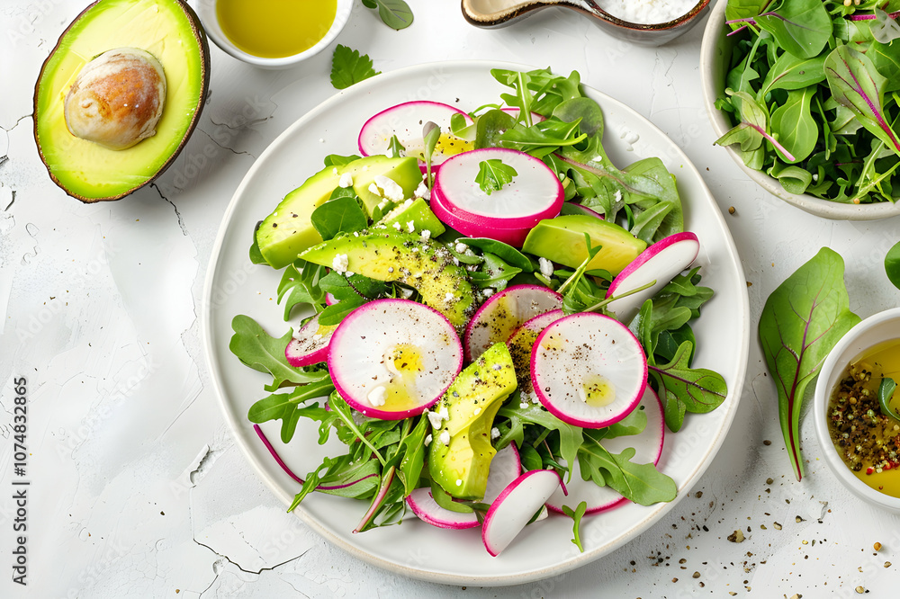 fresh radish salad with greens and avocado on plate on white surface with water and cutlery fresh radish salad with greens and avocado on plate on white surface with water and cutlery