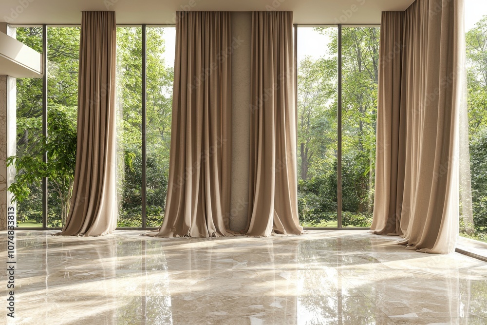 Spacious interior with large windows and elegant curtains, showcasing a serene outdoor view. Spacious interior with large windows and elegant curtains, showcasing a serene outdoor view.