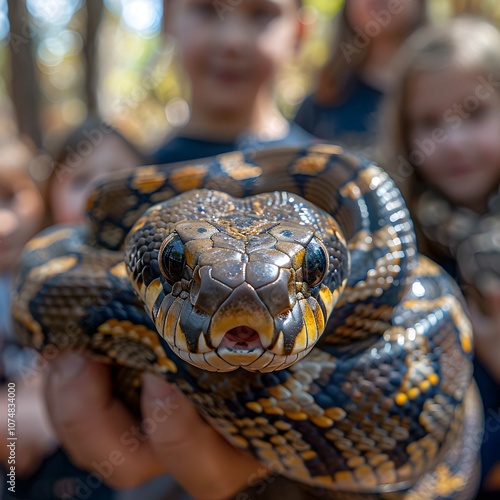 Close-up of person interacting with snake photo