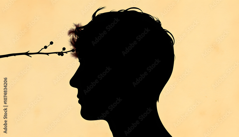 Silhouette of a human head and fluff on a branch as a symbol. Psychiatry, psychology, concept background. Overlay effect on old paper texture isolated with white highlights, png Silhouette of a human head and fluff on a branch as a symbol. Psychiatry, psychology, concept background. Overlay effect on old paper texture isolated with white highlights, png