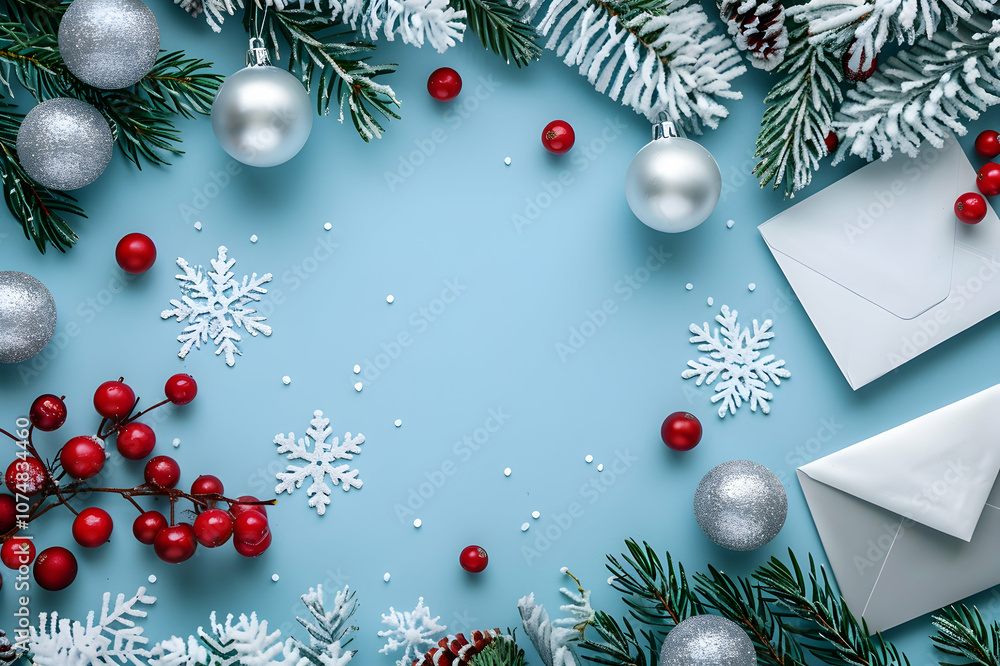 top view of snowflake, silver baubles, berries, spruce and envelope on blue background, banner top view of snowflake, silver baubles, berries, spruce and envelope on blue background, banner