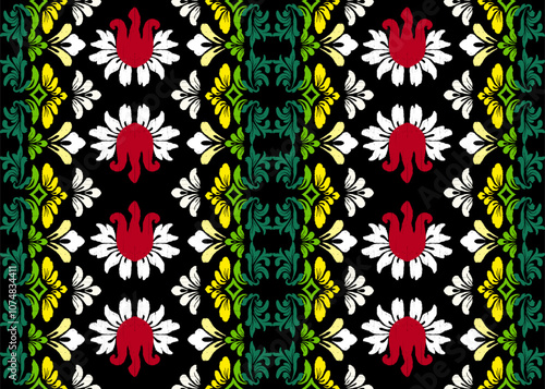 Ikat floral paisley embroidery ethnic traditional seamless pattern motif handmade.
 Ethnic Ikat abstract background. 
Ethnic floral embroidery design for decorative home carpet curtain pillow geometri