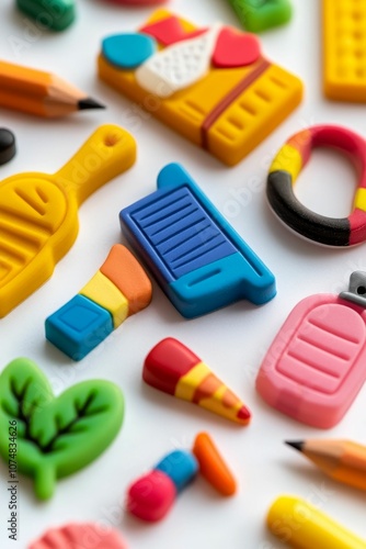 Colorful clay objects arranged on white background. photo