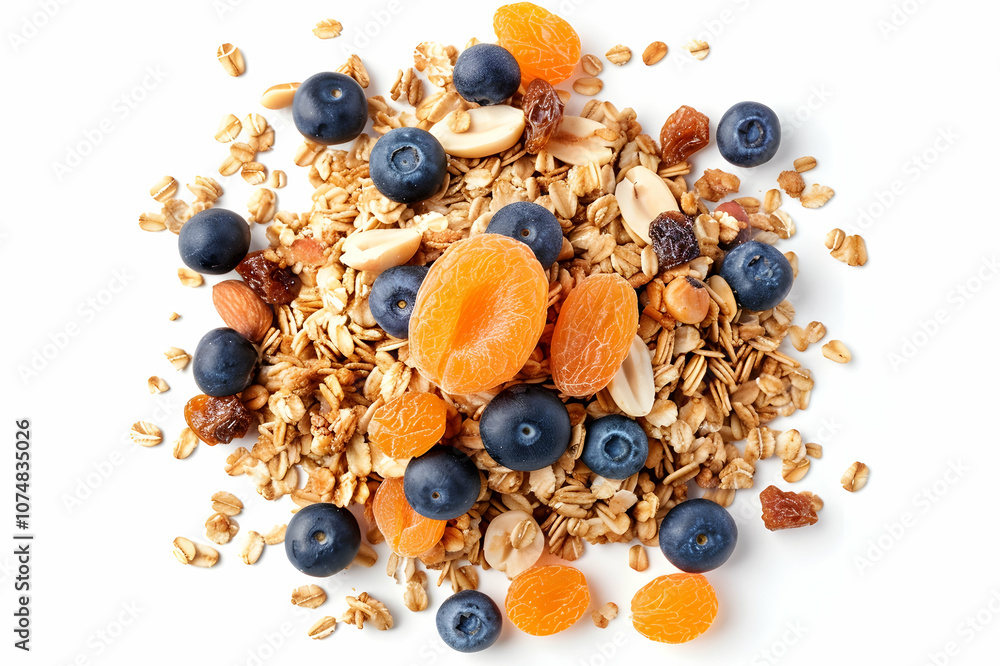 top view of delicious granola with nuts, blueberry and dried apricots isolated on white top view of delicious granola with nuts, blueberry and dried apricots isolated on white