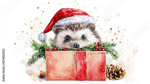 Riccio con cappello di Babbo Natale in una confezione regalo, che fa capolino con un'espressione giocosa.  Colori acquarello. Su sfondo bianco trasparente