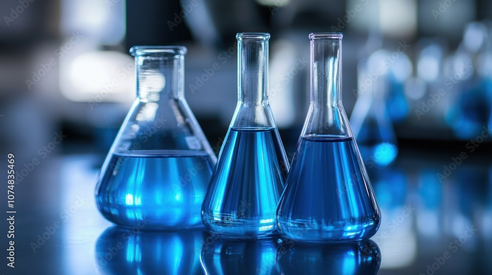 Laboratory glassware filled with chemical solutions, used for scientific experiments and analysis Laboratory glassware filled with chemical solutions, used for scientific experiments and analysis