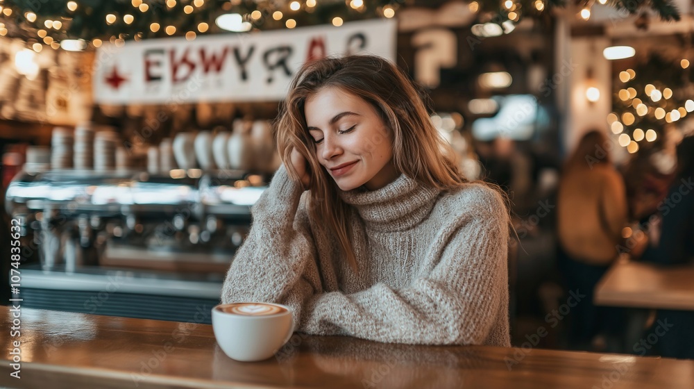 A woman sits alone at a cafe counter on new years eve and celebrate, drink a cup of hot chocolate. The cafe is decorated for the occasion with new years lights and a countdown banner above a counter A woman sits alone at a cafe counter on new years eve and celebrate, drink a cup of hot chocolate. The cafe is decorated for the occasion with new years lights and a countdown banner above a counter