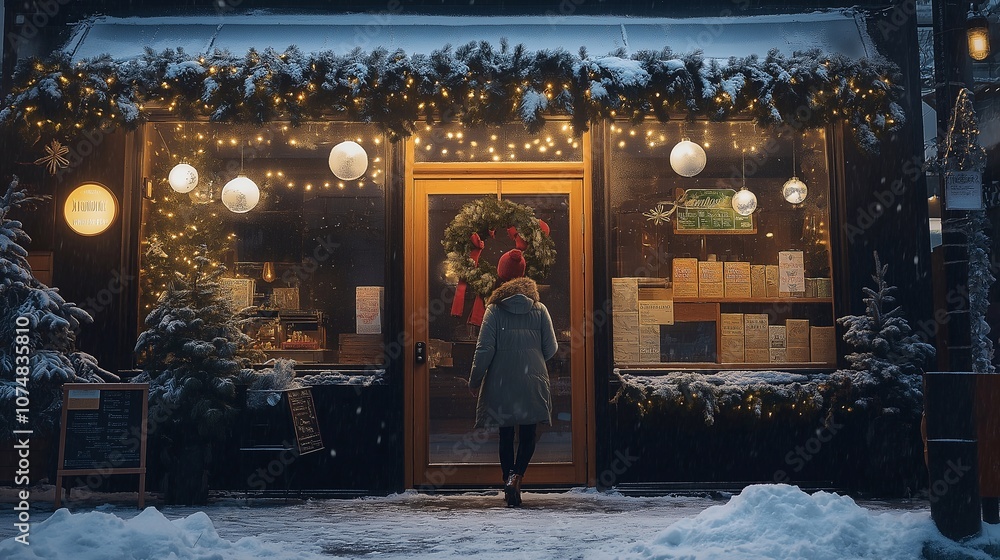 A woman walks past a small cafe on a winter city street with a festive entrance, exterior with Christmas and new year decorations. The snowfall, the cozy welcoming atmosphere. A woman walks past a small cafe on a winter city street with a festive entrance, exterior with Christmas and new year decorations. The snowfall, the cozy welcoming atmosphere.