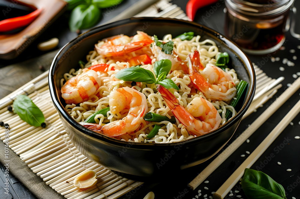 noodles with shrimps and vegetables in bowl near chopsticks, soy sauce on black and yellow noodles with shrimps and vegetables in bowl near chopsticks, soy sauce on black and yellow