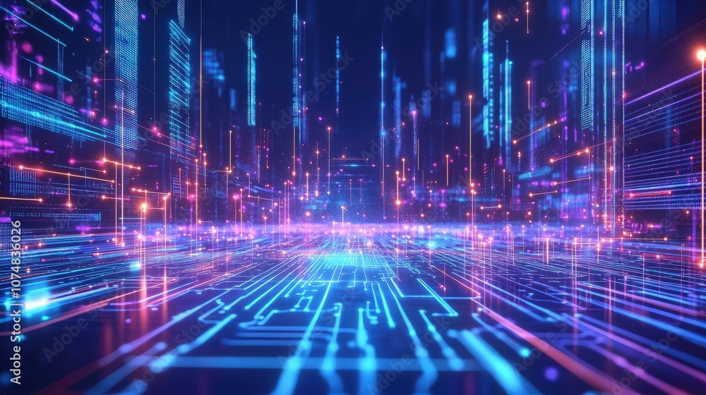Futuristic data grid with a vast network of neon circuits, glowing light beams, and abstract digital waves in shades of blue and purple, creating a technology-driven business environment. Futuristic data grid with a vast network of neon circuits, glowing light beams, and abstract digital waves in shades of blue and purple, creating a technology-driven business environment.