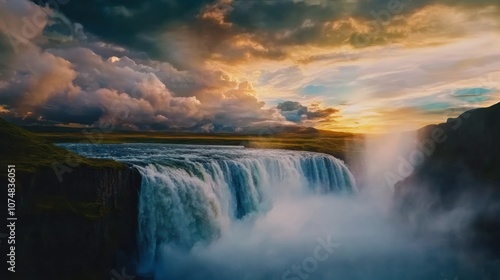 Majestic Waterfall Flowing into River with Scenic Mountain Landscape at Sunset. Nature and Adventure Concept