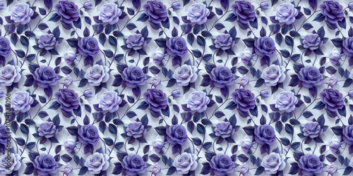 Elegant seamless pattern of purple roses with detailed foliage