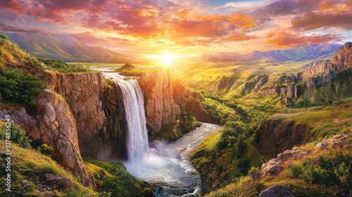Wallpaper Mural Majestic Waterfall Flowing into River with Scenic Mountain Landscape at Sunset. Nature and Adventure Concept Torontodigital.ca