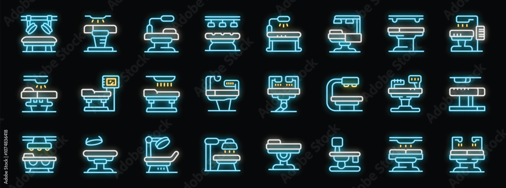 Glowing neon icons depict various medical tables, highlighting their role in healthcare procedures Glowing neon icons depict various medical tables, highlighting their role in healthcare procedures