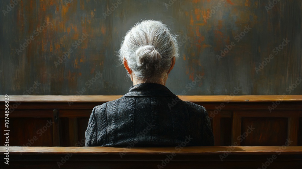 An elderly woman with her gray hair styled in a bun sits alone in a church pew, viewed from behind, evoking a sense of solitude, contemplation, and spiritual devotion. An elderly woman with her gray hair styled in a bun sits alone in a church pew, viewed from behind, evoking a sense of solitude, contemplation, and spiritual devotion.