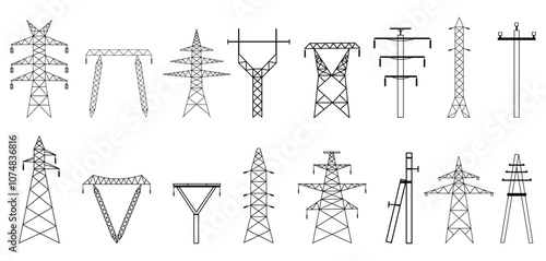 Electric line pylons. Voltage transmission, high power grid piles. Energy network elements, modern urban electricity lines, nowaday vector set