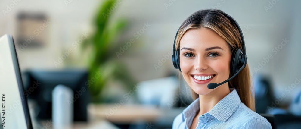 A smiling woman in a headset, working at a desk, exudes friendliness in a call center environment with blurred office settings in the background. A smiling woman in a headset, working at a desk, exudes friendliness in a call center environment with blurred office settings in the background.