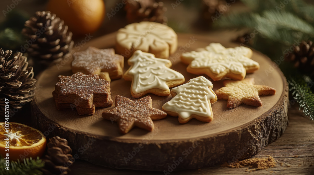 Assorted holiday cookies with festive shapes and icing on wooden tray for christmas celebrations Assorted holiday cookies with festive shapes and icing on wooden tray for christmas celebrations