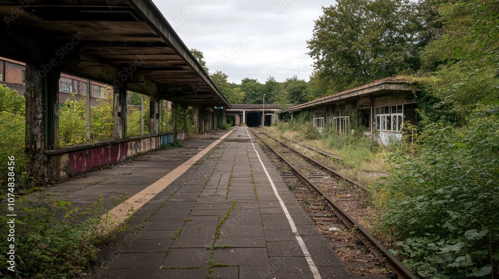Deserted train stations with empty platforms and overgrown tracks, left in disrepair Deserted train stations with empty platforms and overgrown tracks, left in disrepair