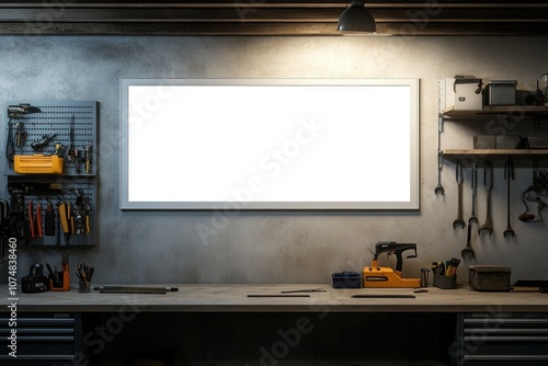 An empty rectangular white frame is mounted on a textured wall in a workshop. Surrounding it are various tools and organized storage items, creating a functional and creative environment. photo