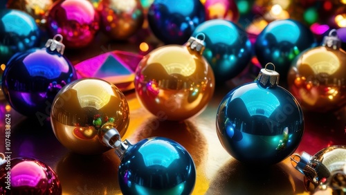 Vibrant and colorful Christmas ornaments arranged beautifully, reflecting festive lights and creating a joyful holiday atmosphere. Perfect for seasonal decorations and promotions