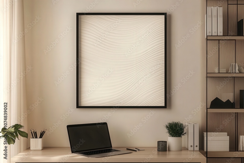 A modern workspace features a square black frame mounted on a wall, providing an ideal space for personalized artwork. Natural light floods the area, enhancing the minimalist design. A modern workspace features a square black frame mounted on a wall, providing an ideal space for personalized artwork. Natural light floods the area, enhancing the minimalist design.