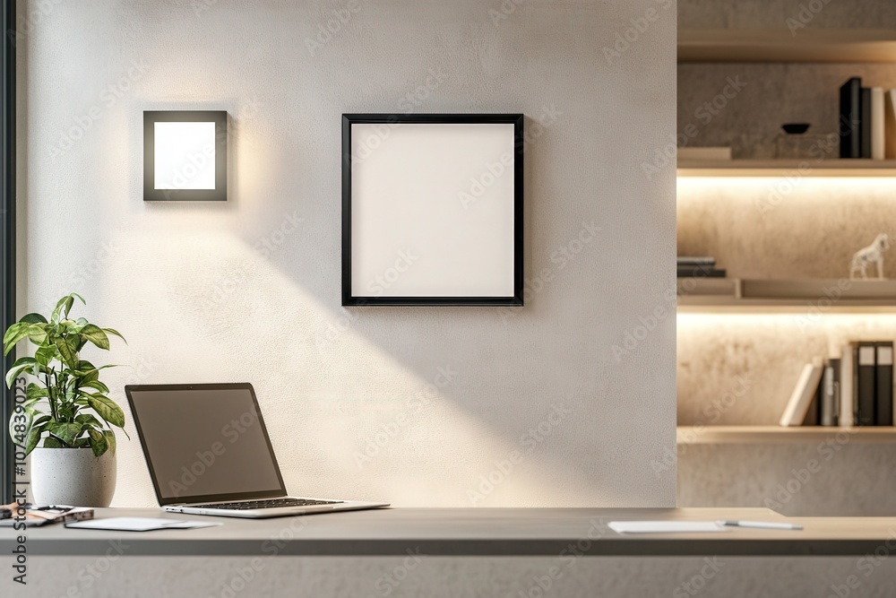 In a contemporary workspace, a blank square black frame is mounted on a textured wall above a sleek desk. A laptop and houseplant complete the minimalist aesthetic, creating a serene environment. In a contemporary workspace, a blank square black frame is mounted on a textured wall above a sleek desk. A laptop and houseplant complete the minimalist aesthetic, creating a serene environment.
