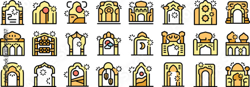 Diverse set of icons representing arabic architecture, featuring mosques, arches, and other traditional buildings, ideal for projects related to islamic culture, travel, or history