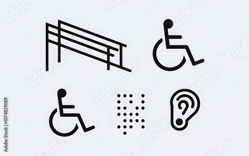 Minimalist icons showcasing accessibility features like ramps and braille photo