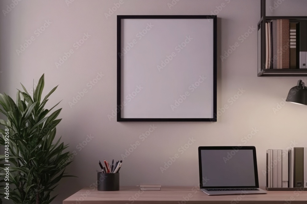 A minimalistic black square frame is displayed on a wall within a contemporary workspace. A wooden desk holds a laptop and various stationery, while a plant adds a touch of greenery. A minimalistic black square frame is displayed on a wall within a contemporary workspace. A wooden desk holds a laptop and various stationery, while a plant adds a touch of greenery.