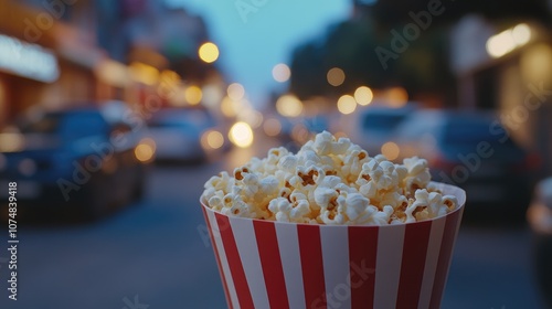 Close-Up of Popcorn in Red and White Striped Bucket with Outdoor Cinema and Parked Cars in Blurry Background. Cinematic Evening Scene photo