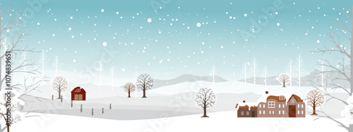 Christmas Seamless pattern,Winter Village landscape with snow banner for Xmas,New Year 2025,Blue Sky with Snowycovering in the park,Vector horizon Winter wonderland forest nature