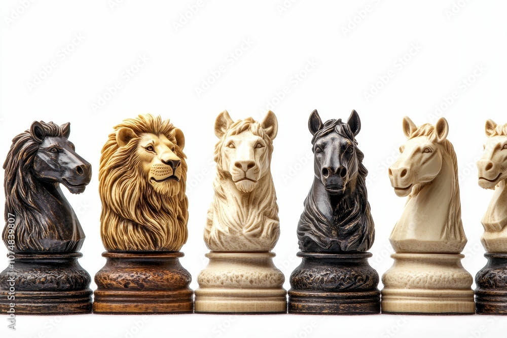 Chess pieces, lion, horse, white, black, wooden. Chess pieces, lion, horse, white, black, wooden.
