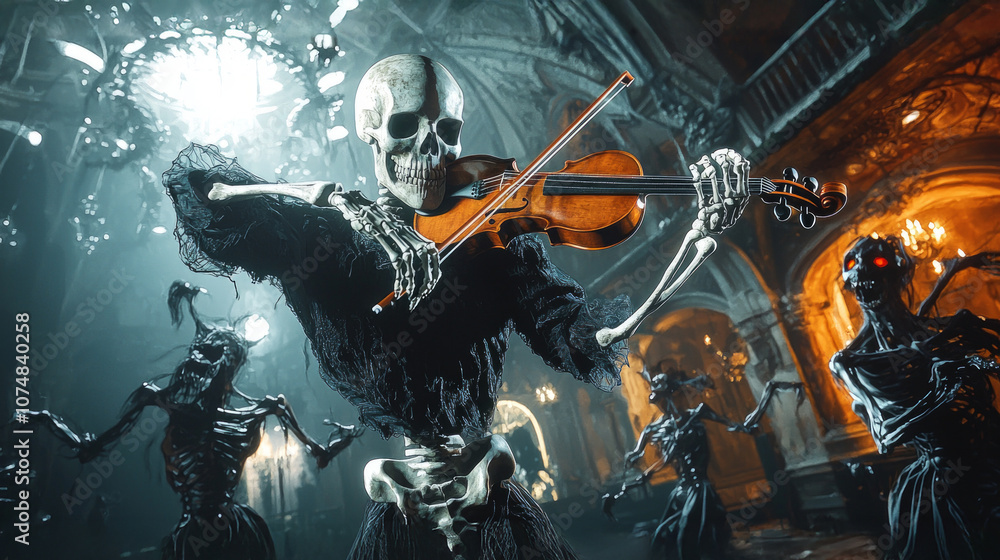 ghostly skeleton hovers playing haunting melodies violin while mischievous demons dance energetically shadowy mystical ballroom setting. ghostly skeleton hovers playing haunting melodies violin while mischievous demons dance energetically shadowy mystical ballroom setting.