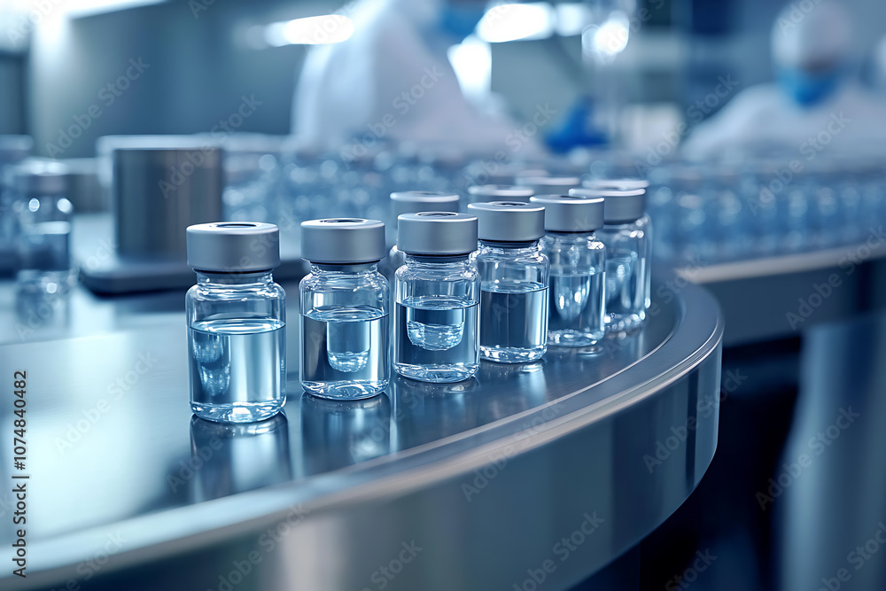 A pharmaceutical production line with workers in lab coats and masks meticulously processing glass medical vials, emphasizing precision and safety in a sterile environment A pharmaceutical production line with workers in lab coats and masks meticulously processing glass medical vials, emphasizing precision and safety in a sterile environment
