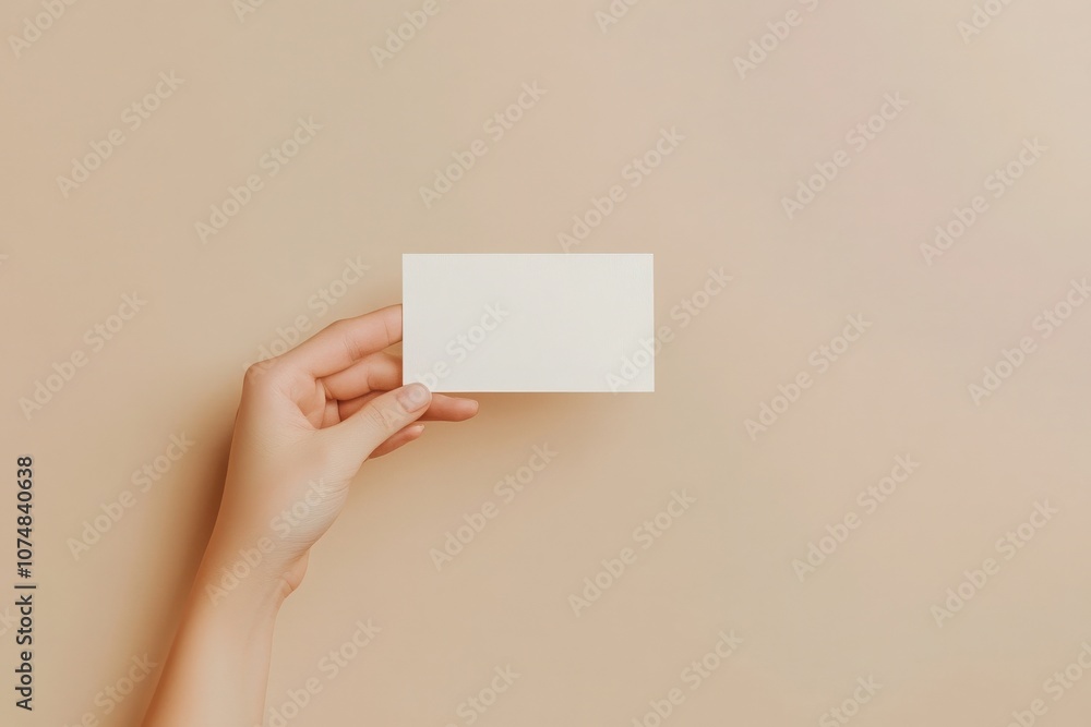 A hand presents a soft beige invitation card mockup, showcasing a minimalistic design against a warm, neutral background. This setup creates a calm and inviting atmosphere. A hand presents a soft beige invitation card mockup, showcasing a minimalistic design against a warm, neutral background. This setup creates a calm and inviting atmosphere.